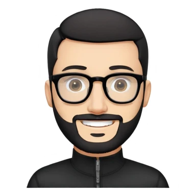 Fair-skinned man with almost buzz cut black hair (extremely short but not completely shaved), short salt and pepper beard, large black-framed glasses, smiling, wearing black long sleeve zip shirt at neck sticker
