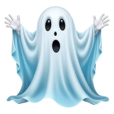 A hilariously exaggerated floating sheet ghost, its simple yet expressive form billowing with animated energy in vibrant whites and pale blues, with two wide, comically shocked eyes and a quirky, startled mouth, simplified yet overflowing with personality, highly detailed with a soft neon-like glowing outline, capturing the playful absurdity of a ghost caught off guard! sticker