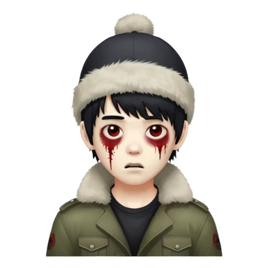 Asian zombie boy with ushanka, black messy hair with bangs  sticker