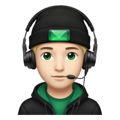 garcon avec un bonnet noir avec un emeraude dessus et un casque gaming moin bronzé sticker