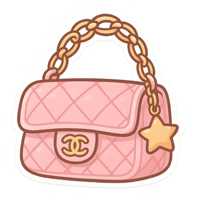 pink Chanel purse with a star charm, cute and exaggerated chibi sticker style sticker