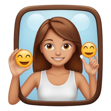 girl with brown hair, white but fake tanned slightly orange skin, taking a mirror selfie, emoji style sticker