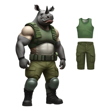 Rhino with muscles wearing a green army helmet with a blank tank camo pants and black boots  sticker