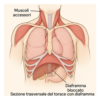 sezione trasversale del torace con diaframma bloccato e muscoli accessori della respirazione evidenziati, didascalia in italiano sticker