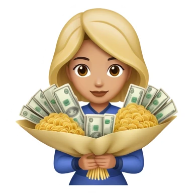 A woman holding a money bouquet and buldak noodles sticker