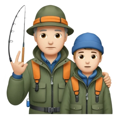 Father and son in fishing gear gesturing that they are cold sticker