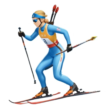 An icon featuring a biathlete in motion, holding a rifle and skiing across a snowy course. The backdrop includes snow-covered trees, distant mountains, and a clear blue sky. Transparent background highlights the precision, endurance, and excitement of biathlon. sticker