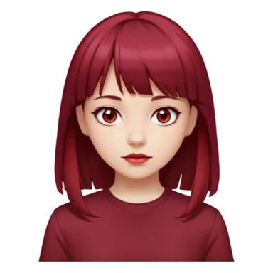 beautiful girl with dark maroon and red medium hair, straight bangs and red bando, red eyes, brown long tshirt, white skin sticker