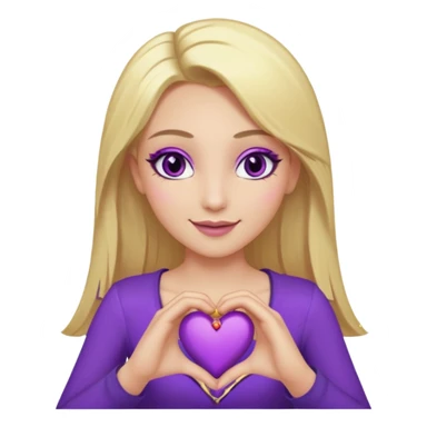 twitch emote, kinda chibi style. blonde hair: long, straight, no bangs. gray eyes. an eyebrow with a slit. purple eyeshadow/eyeliner with gold eyeshadow. only face and arms, hands visible. happy, holding a purple heart. white background. sticker