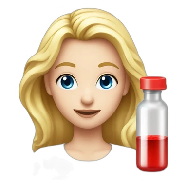 Girl with blond hair and blue eye take red vial sticker