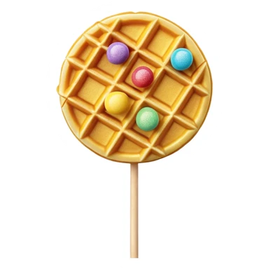 3D rendered Hong Kong egg waffle on stick like lollipop, vibrant golden color with rainbow sprinkles, hyper-realistic bubbled texture, glossy candy finish, fun playful design, detailed textures sticker
