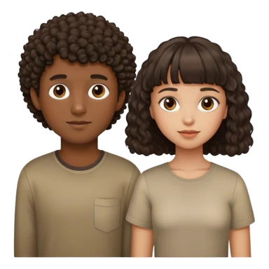 Una pareja. Chica morena rizosa y con flequillo. Chico con camisa moreno pelo marrón oscuro y corto sticker