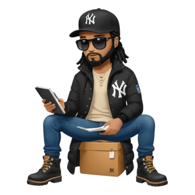 African American man with shoulder length black dreadlocks with black beard wearing black sunglasses wearing a black New York Yankees logo baseball cap wearing a black bubble winter coat wearing denim skinny jeans timberland boots writing a note sticker