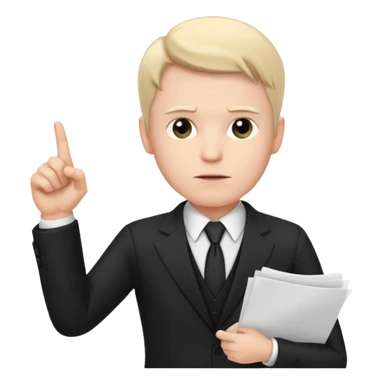 A white man in a black suit stands with a serious face and points at his hand holding papers. sticker