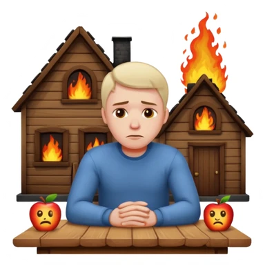a man sits sadly at a table, a house on fire in the background, apple style emoji sticker