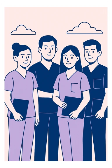 group of four nursing students, short-sleeve nurse uniforms, no stethoscope, clean flat design style sticker