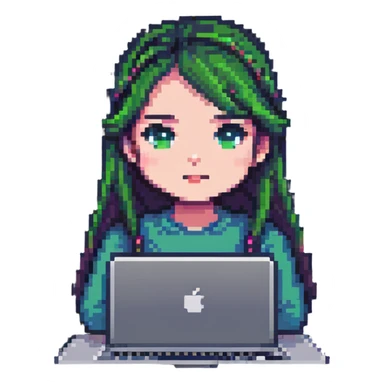 a girl's face working behind a MacBook, pixel art style sticker