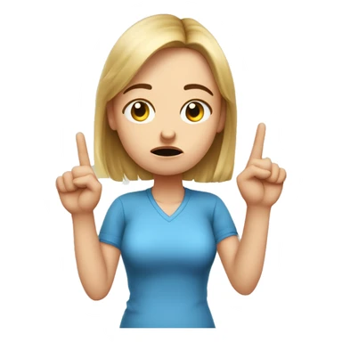 A white girl with an important face brings with two hands with an outstretched index finger to her nose, dissatisfied, two hands showing, blue shirt sticker