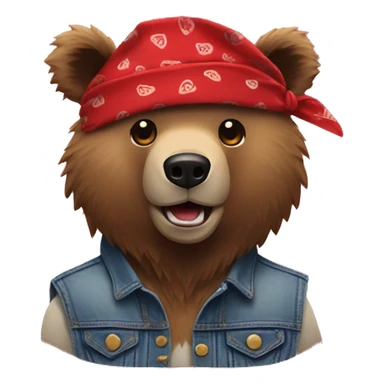 grizzly bear wearing sleeveless jean jacket and red bandana around head with open mouth sticker