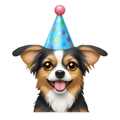A chihuahua yorkie mix breed dog with floppy ears wearing a birthday hat sticker