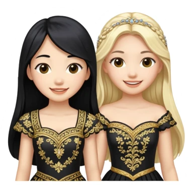 Asian girl black hair and blonde white girl dressed as princesses sticker