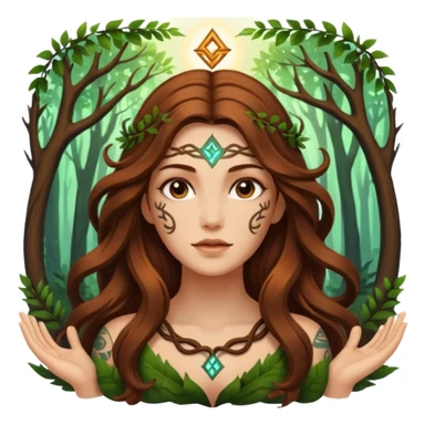 idea moment forest woman long wavy brown hair tattoos glowing rune above head sticker