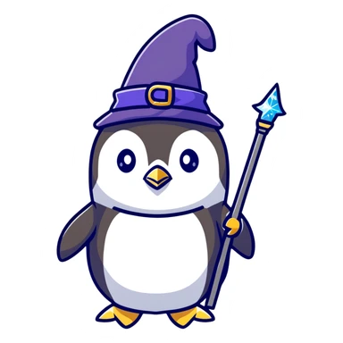 cute penguin wizard with magical sparkles, holding a magic staff sticker