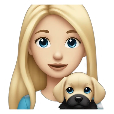girl with straight blonde hair and blue eyes holding an entirely black fluffy puppy sticker
