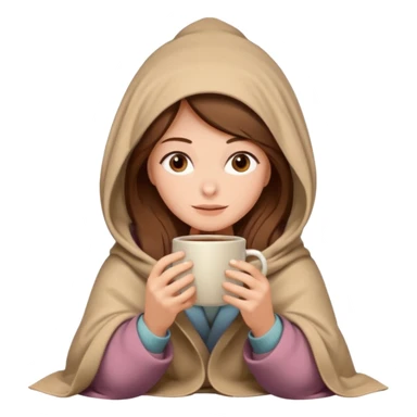 brown hair woman sitting under beige blanket, with a blanket over his head, holding cup of coffee, autumn mood sticker