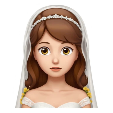 Brown-haired bride in a white wedding dress and veil, eyes looking upward with a curious expression, cute emoji style. sticker