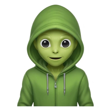 green alien in gray hoodie full height, wear hoodie hat, happy sticker