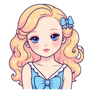 a girl with a very pale face, blue eyes, long blonde hair, curly, thin, with a white bow and in a blue dress, coquette, with shiny eyeshadow, with pink blush, dyed eyelashes and peach lipstick sticker
