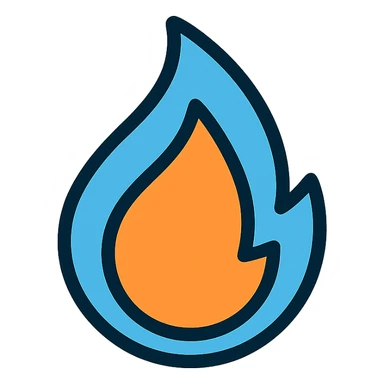 abstract flame shape with bold blue outline, geometric style icon sticker