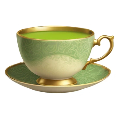 An antique beige tea cup with a vintage pattern and a gold rim, filled with creamy green matcha, steam rising softly above it. sticker