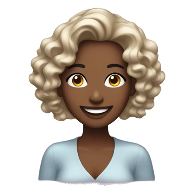 An emoji of a smiling woman with wavy, shoulder-length hair, wearing sparkling eye makeup and a soft, friendly expression. One hand gently touches her face, showcasing her elegance and joy sticker