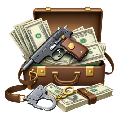 Icon for Action & Crime Reading: an open book with action-packed scenes, featuring a gun, handcuffs, a detective's badge, and a briefcase with money. The icon should capture the tension and excitement of crime and action stories. Transparent background. sticker
