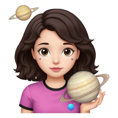 I want to design a girl with wavy hair that is dark brown, close to black And you wear a T-shirt Its color above the neck and sleeves is black The bottom is white, with a star and the planet Saturn on it Her eyes are also dark brown, and her cheeks are pink sticker
