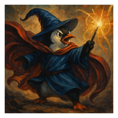 heroic penguin wizard with a flowing cape and glowing wand, dynamic fantasy illustration style sticker