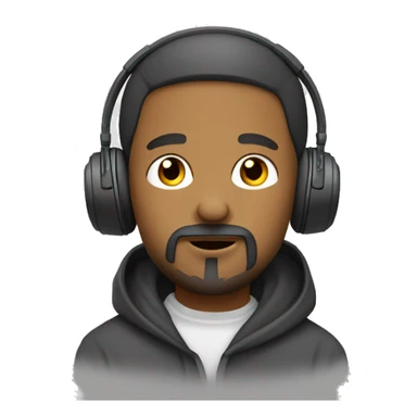 A man with goatee style of facial hair, with headphones on his ears and he got a hoodie sticker