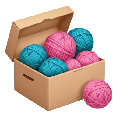 paper box with toys, ball of yarn, pink sticker