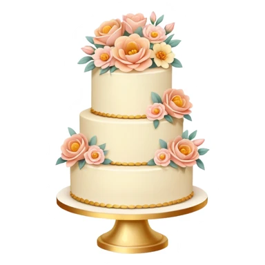 Romantic pastel wedding cake with warm-colored flowers on a gold plate sticker