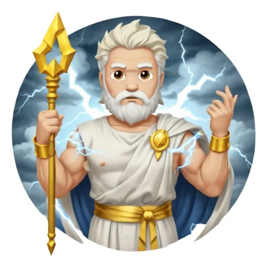 portrait of Zeus, muscular old man with white beard and hair, wearing white toga with gold trim, holding lightning bolt, standing on storm clouds sticker
