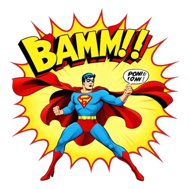 Icon for Vintage American Comics: an open comic book with retro illustrations of classic superheroes, with bold action text like "BAM!" and "POW!" and vibrant colors. The icon should evoke the golden age of American comics. Transparent background. sticker
