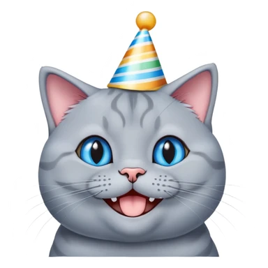 Happy British shorthair blue cat with a big smile wearing a colorful birthday hat sticker