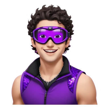 close-up of cool guy male athlete with white skin and moderately curly dark brown hair on top with shaved sides, wearing ski goggles with purple frames and very dark black lenses, winking behind the goggles, with an open mouth confident smile like a cool guy, a simple plain black chain necklace, and a completely unzipped sleeveless vest with purple and black sequin fire pattern design with no logo sticker