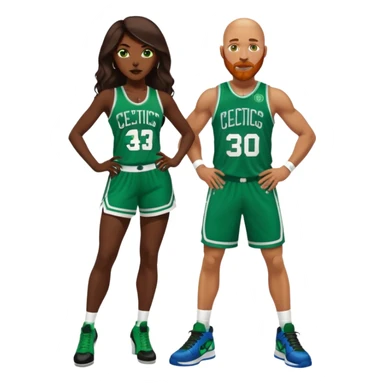48-year-old dark skin black woman with brown eyes, long dark brown hair dressed in sexy 
celtics jersey costume outfit & stilettos heels. A bald white man with ginger beard. he has blue/green  eyes, wearing a Jason Tatum Boston Celtics Jersey & green Nike sneakers  sticker