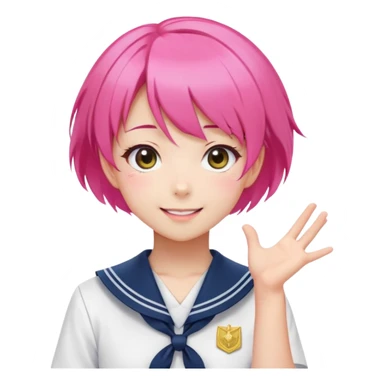 Anime girl with short bright pink hair wearing Japanese sailor style school uniform, composed posture with hand on hip but with excited smile and sparkling eyes, happy expression sticker