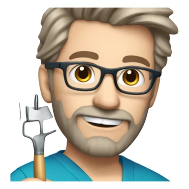 male dark blond haired doctor with grey van dyke beard with hazel eyes and small wire-rimmed glasses in blue scrubs holding a large paintbrush and jigsaw sticker