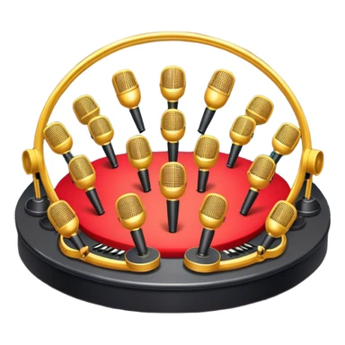 Create a vibrant and dynamic emoji that represents choral vocal performance. The design should feature 10 vintage stage microphones arranged in a semi-circle on a concert stage, symbolizing a vocal group or choir. Add musical notes flowing around the microphones to represent harmony and unity in the performance. Include concert lighting and a celebratory atmosphere to convey the excitement of live music. Use bright, bold colors like red, gold, and silver to emphasize the energy and glamour of the stage. The background should be transparent. sticker