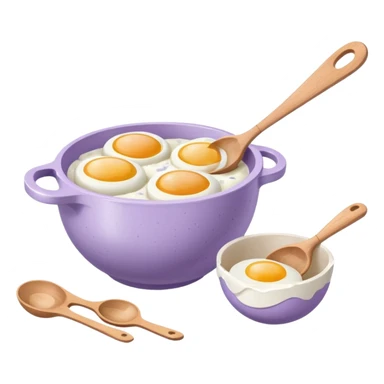 a lilac ceramic mixing bowl with a wooden spoon stirring and sitting next to it is a dozen eggs with the carton lid open sticker